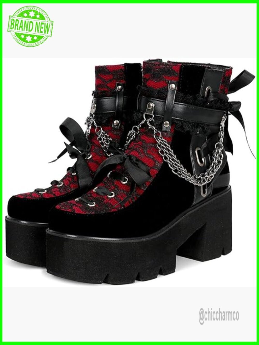 Victorian Lace Platform Goth Boots Chunky High Heels Lace-Up Combat Ankle